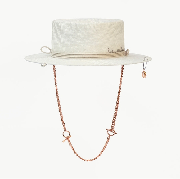 NWT Ruslan Baginskiy Chain Strap Straw Embroidered Logo Boater Hat size M - Picture 7 of 9